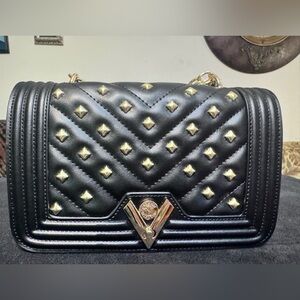 Valentino Orlandi NWT Black Quilted Crossbody Bag with Gold Studs